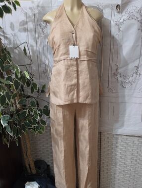 Zara NWT Linen Halter Jumpsuit Large-See Measurements